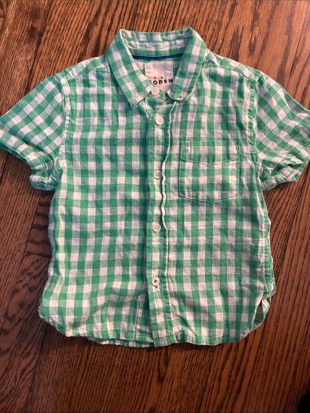 Mini Boden Green & White Gingham Button-Down Shirt linen and cotton 2-3Y
